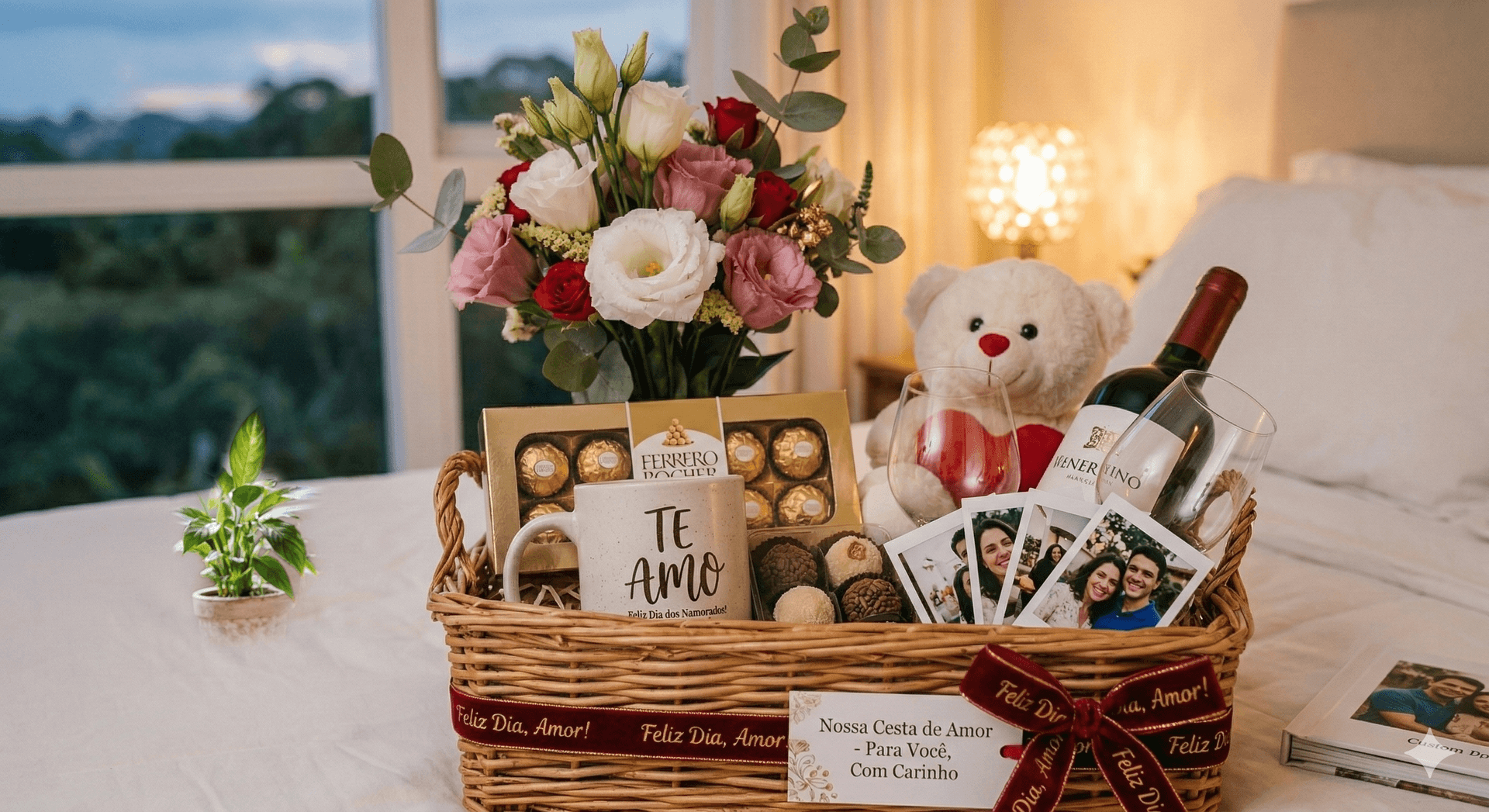 Cesta romântica Mostarda com chocolates, flores e pelúcia para Dia dos Namorados em Manaus