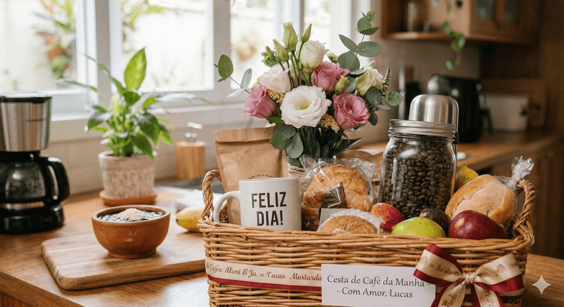 Cesta de café da manhã Mostarda com frutas, pães e flores em Manaus