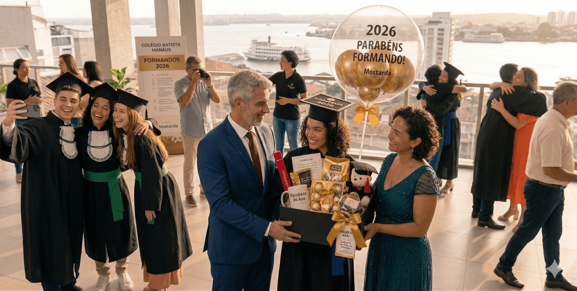 Box de formatura Mostarda com chocolates, balão e caneca personalizada em Manaus