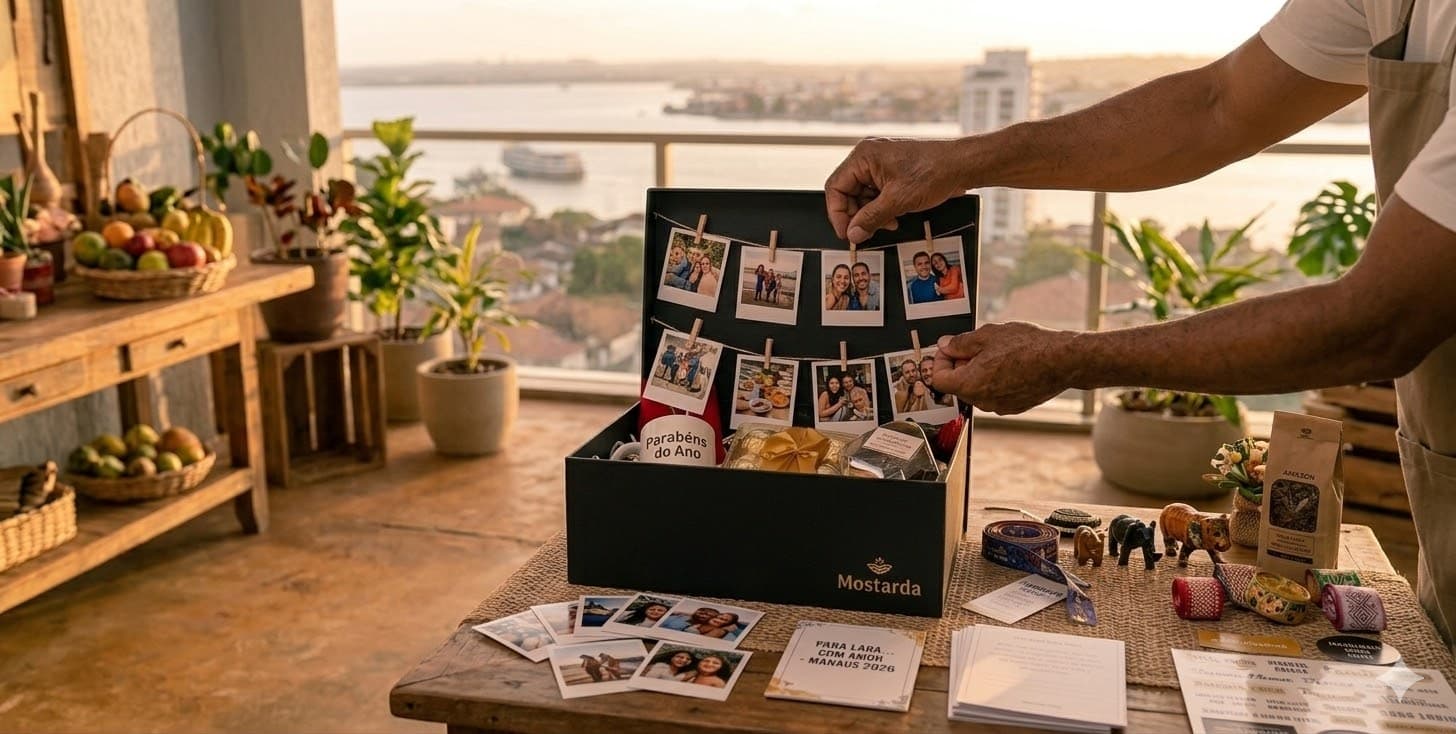 Cesta personalizada Mostarda com varal de fotos e cartão em Manaus