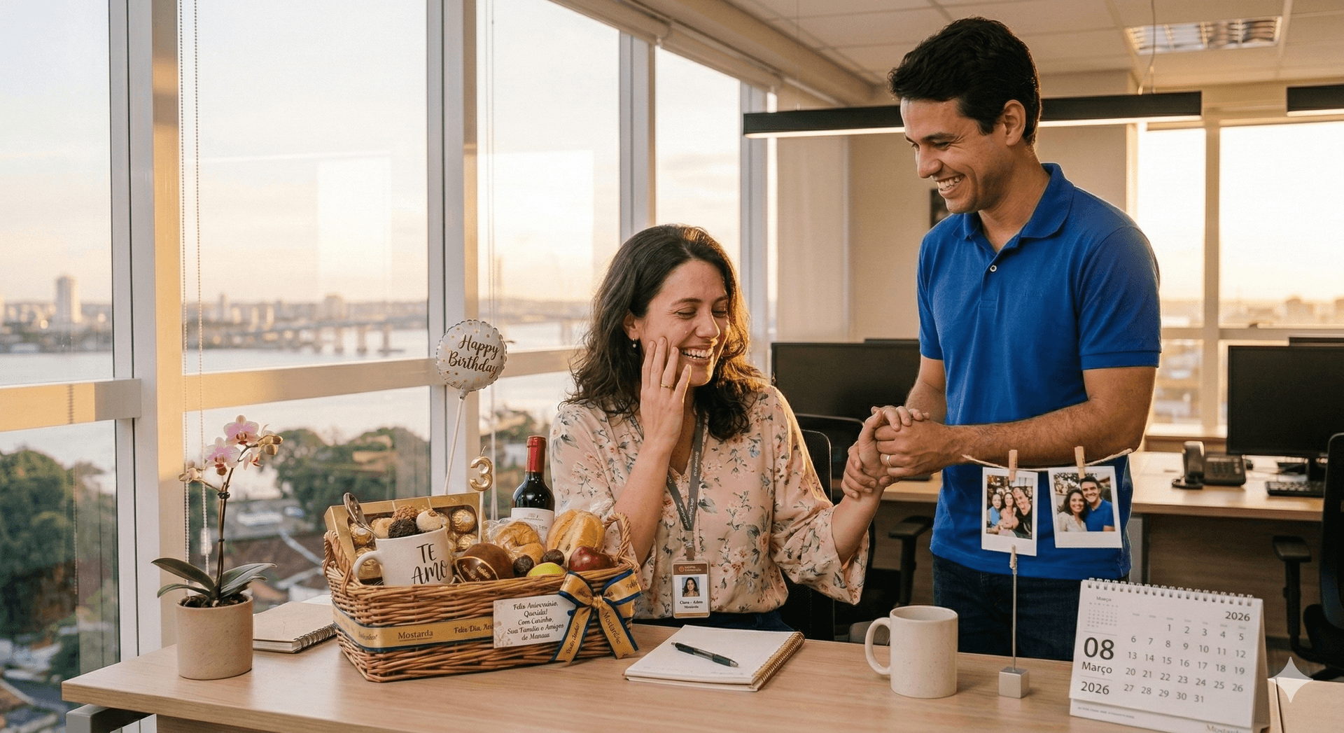 Cesta de aniversário Mostarda com balão, pelúcia e doces em Manaus